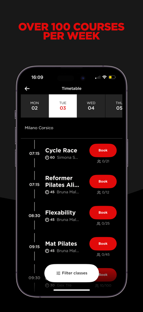 A smartphone screen showing the MyVirginActive app class timetable with options to book cycle race and pilates sessions