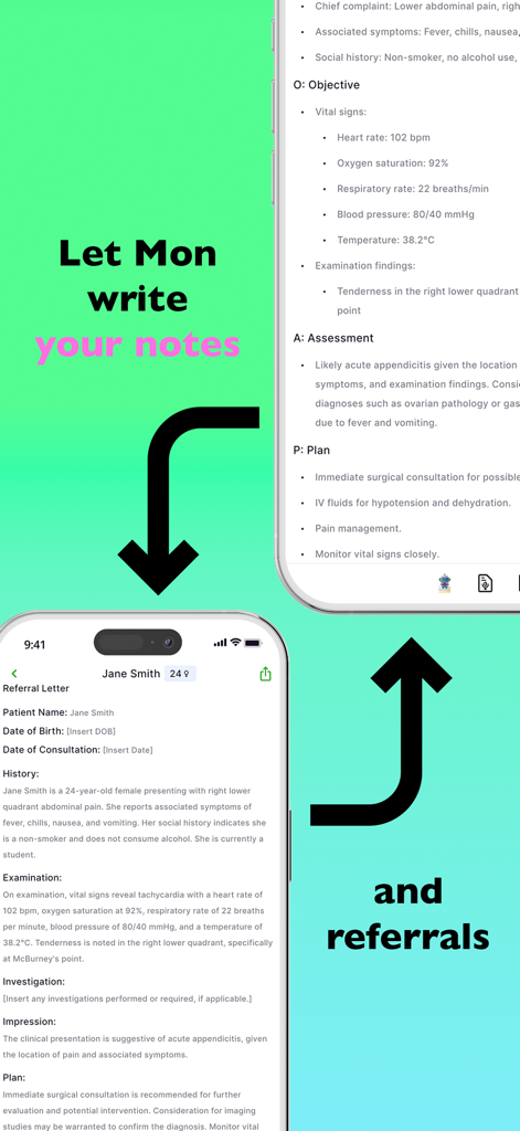 Mon AI - Interfaz de la aplicación móvil Mon AI que muestra la redacción automatizada de notas médicas y la generación de cartas de derivación