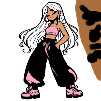 girl in baggy pants crop top and long hair