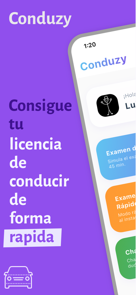 Conduzy app home screen showing driving license preparation options and AI chat features in Spanish.