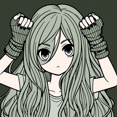 long haired girl with fingerless gloves