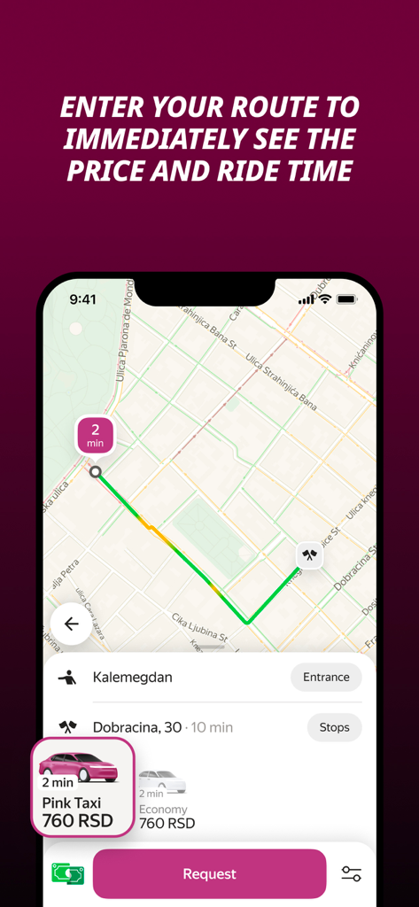 Pink Taxi Nova - Pink Taxi Nova app showing a route map with ride price and time estimates.