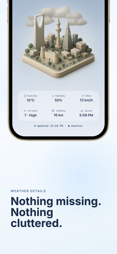 Une interface d'application météo minimaliste montrant les données essentielles et une illustration de ville miniature en 3D.