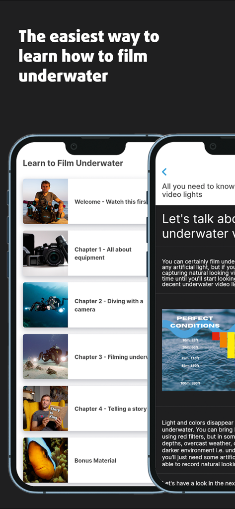 Underwater Video Academy - Interfaz de la aplicación Underwater Video Academy que muestra una lista de capítulos del curso y una lección sobre luces de video submarinas.