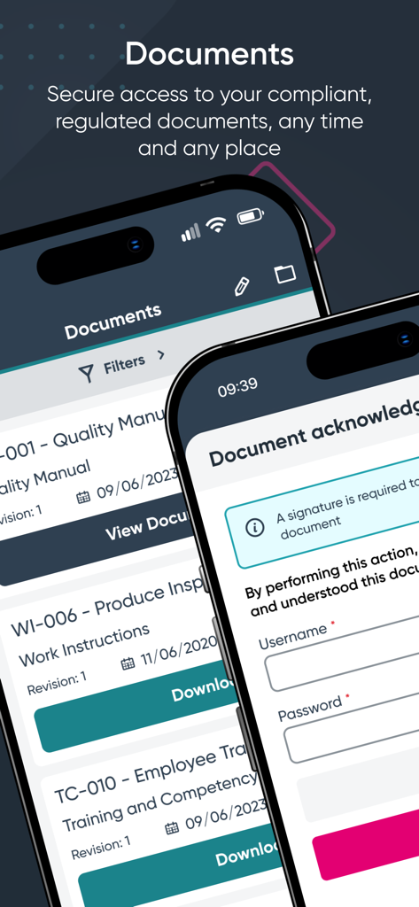 Interface of the Ideagen Quality Management app showing document lists and acknowledgement sign-in