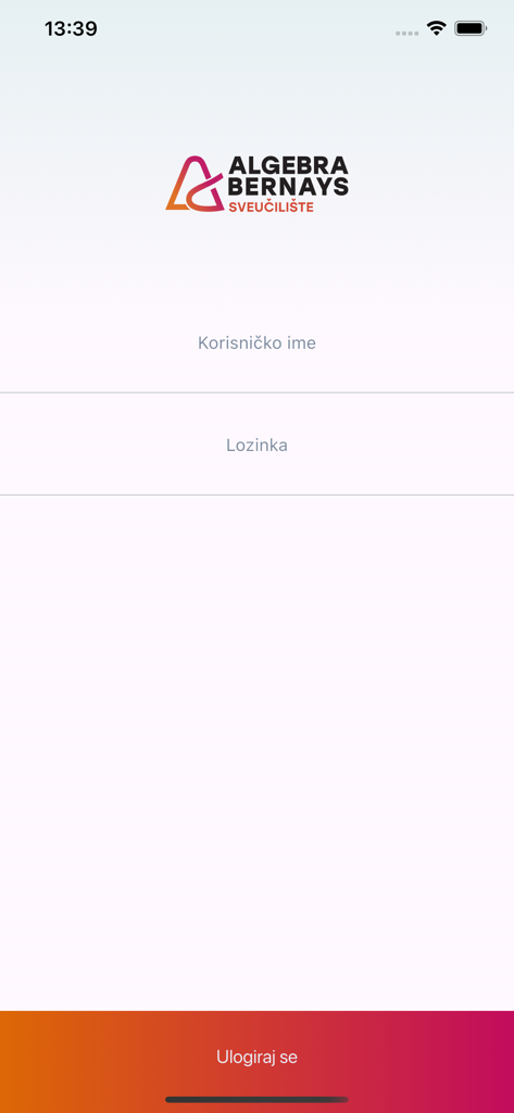 Infoeduka - Login interface of the Infoeduka mobile app for Algebra Bernays University students