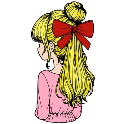realistic girl  with hip length hair a bun and a big bow on the back of head