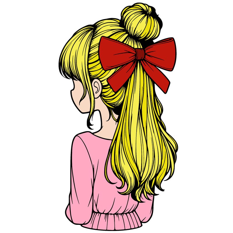 realistic girl  with hip length hair a bun and a big bow on the back of head