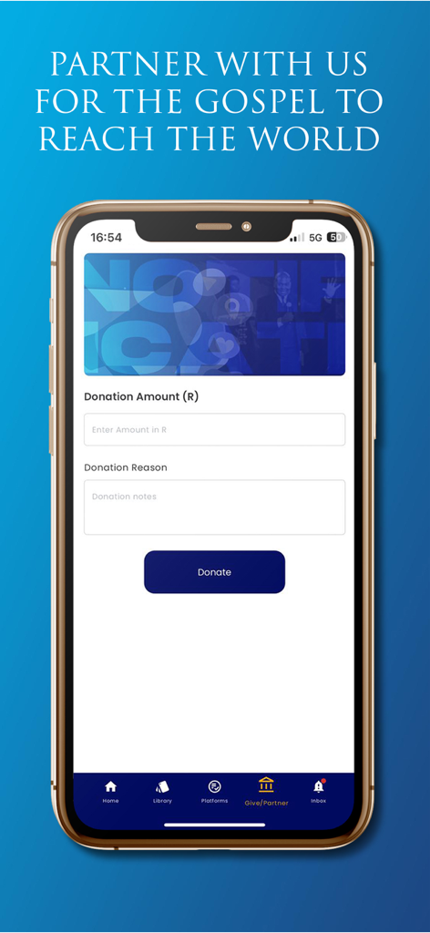 Donation and partnership screen for the Joshua Sangweni Ministries mobile app