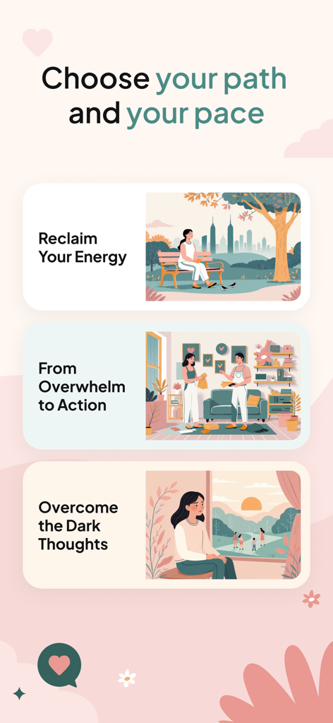 Omna: Mental Health - Omna app screen showing personalized mental health journey options including Reclaim Your Energy and Overcome the Dark Thoughts.