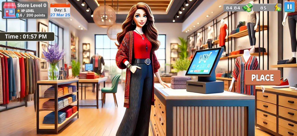My Garments Shop Wear Sim Game - トレンディな衣類が並んだラックとレジカウンターがあるモダンなアパレルブティックに立つ、スタイリッシュな店長
