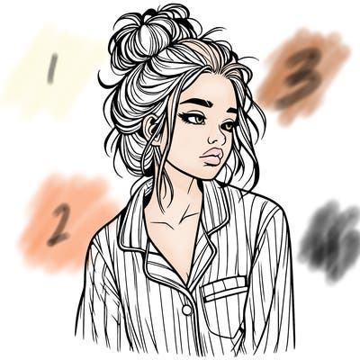 realistic woman with pajamas on and a messy bun