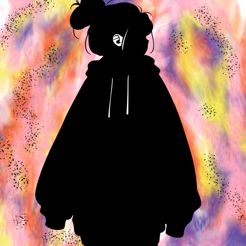 realistic girl with a oversized sweatshirt on and a bun