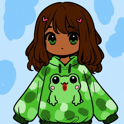 girl wearing frogging sweatshirt