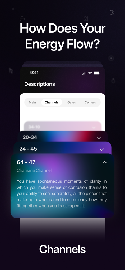 My Human Design App - SACRAL - Pantalla de la App SACRAL mostrando el flujo de energía del diseño humano y la descripción del canal de carisma