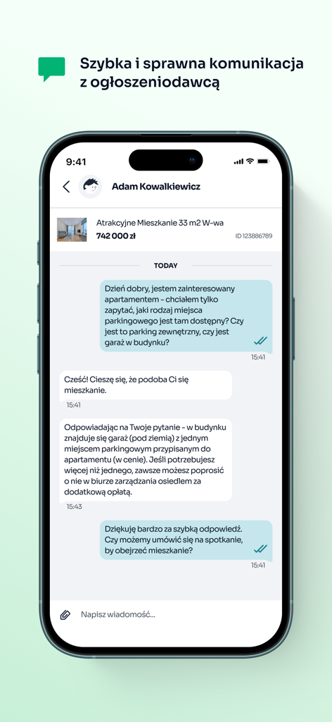 Otodom mobile app screen showing a chat conversation with a real estate agent about a property