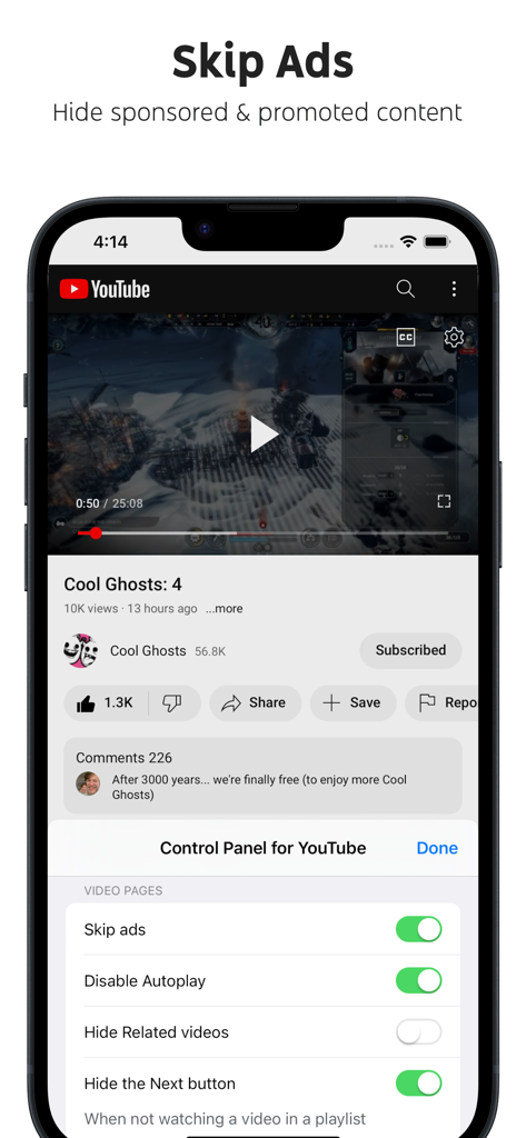 Smartphone showing the Control Panel for YouTube app interface with the Skip ads feature enabled