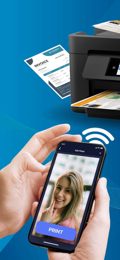 Smart Air Print App & Scan - Una persona usando un iPhone para imprimir de forma inalámbrica una foto en una impresora de oficina cercana