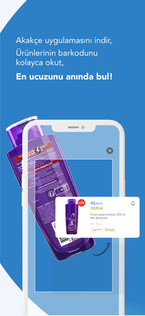 Smartphone screen showing the Akakce app barcode scanner feature identifying a shampoo bottle and displaying its lowest price.