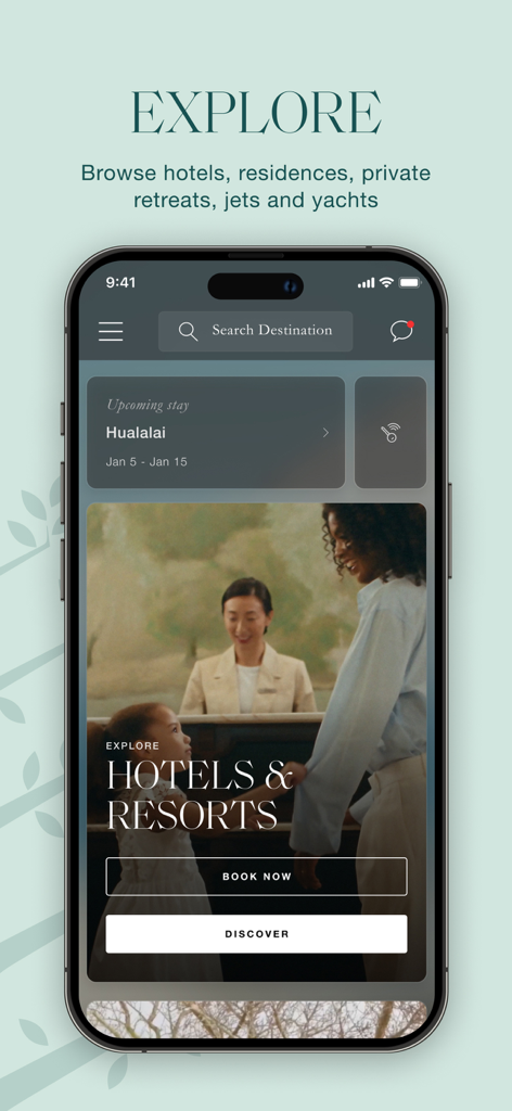 Four Seasons - Tela inicial do aplicativo móvel Four Seasons mostrando navegação de hotéis de luxo e detalhes da próxima estadia