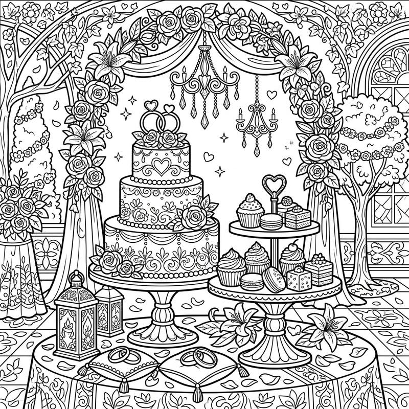Immerse yourself in the beauty of a wedding celebration with this exquisite coloring page featuring elegant cake and dessert stands. Adorned with delicate floral arches, sparkling chandeliers, and intricate details, it invites you to bring a romantic scene to life.