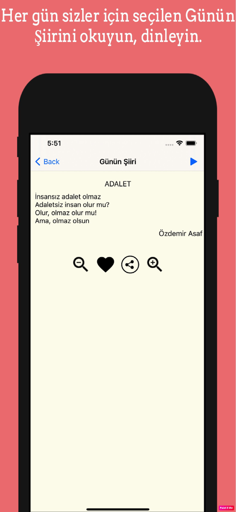 Usta Şairlerden Şiirler - A mobile app screen displaying the Poem of the Day feature with text in Turkish and sharing options.