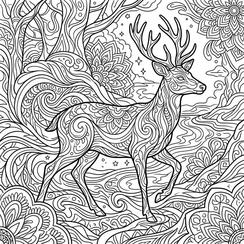 Embark on a captivating artistic journey with this stunning psychedelic deer coloring page. Its intricate patterns and flowing lines invite you to explore a world of vibrant imagination and serene creativity.
