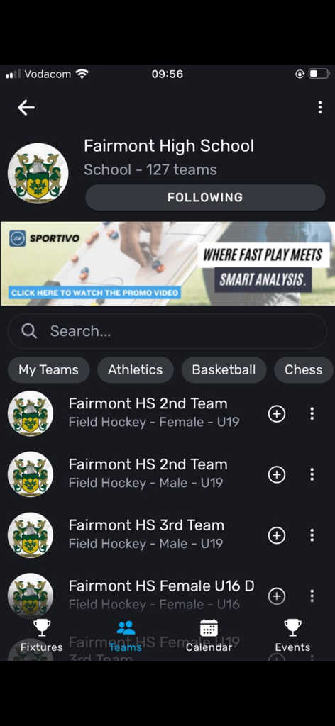 Sportivo Mobile - A list of high school sports teams displayed within the Sportivo Mobile app interface