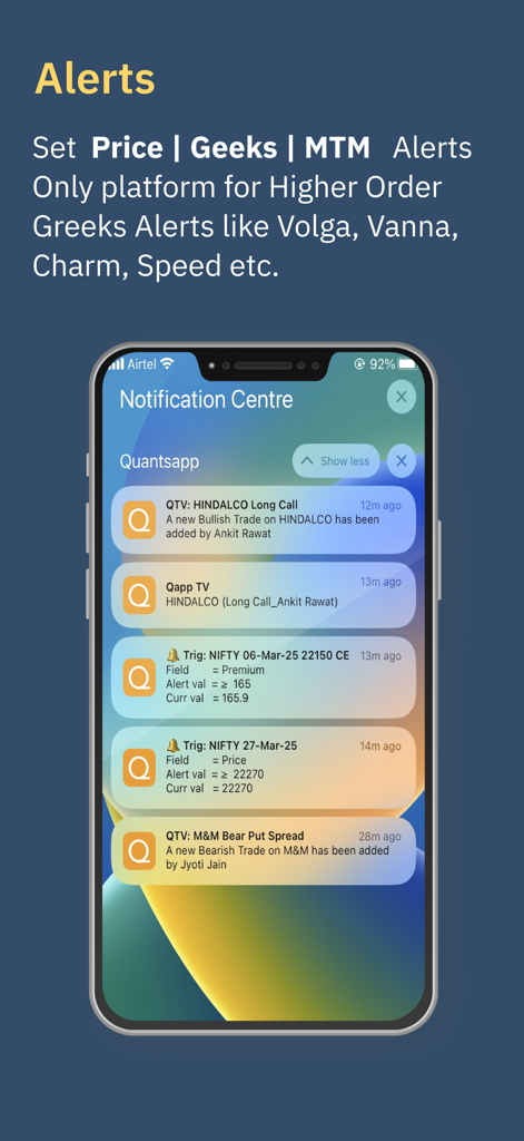 Smartphone screen displaying real-time option trading alerts and market notifications from Quantsapp