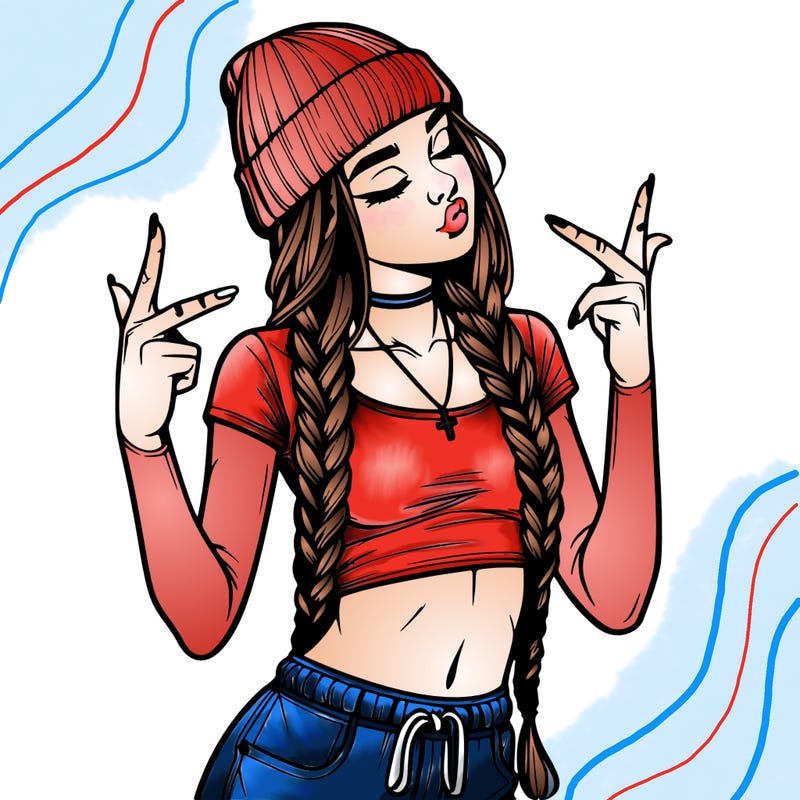 realistic teenage girl with braids and a beanie and crop top doing 🫶🏼