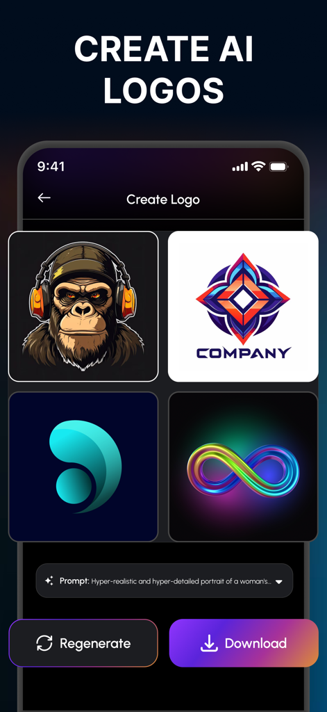 AI image generator - Maker - AI logo maker interface showing four diverse logo designs including a gorilla, a geometric company mark, an abstract teal swirl, and a rainbow infinity symbol