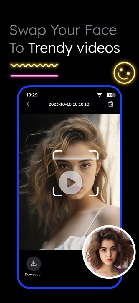 Vidqu Video & Photo Face Swap - Vidqu app interface showing a face swap process on a trendy video