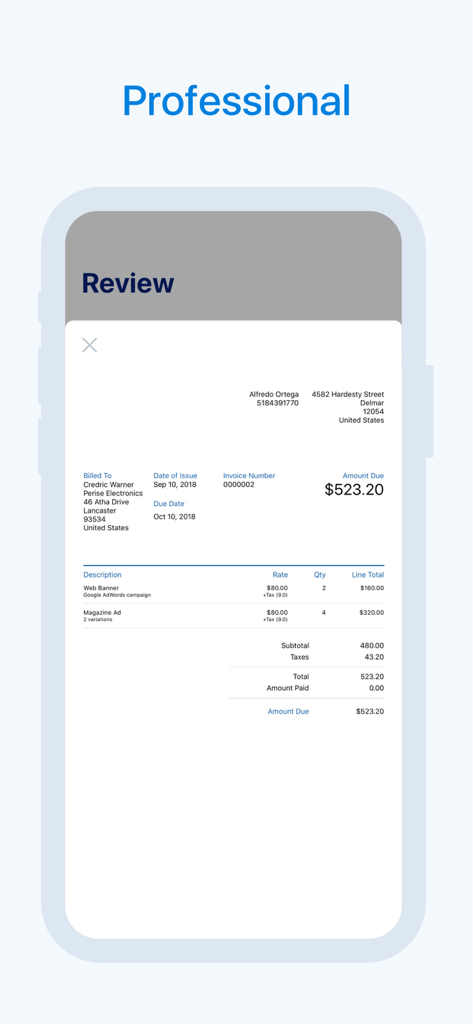 Invoice Creator by FreshBooks - Mobile screen displaying a professional invoice review with billing details and total amount