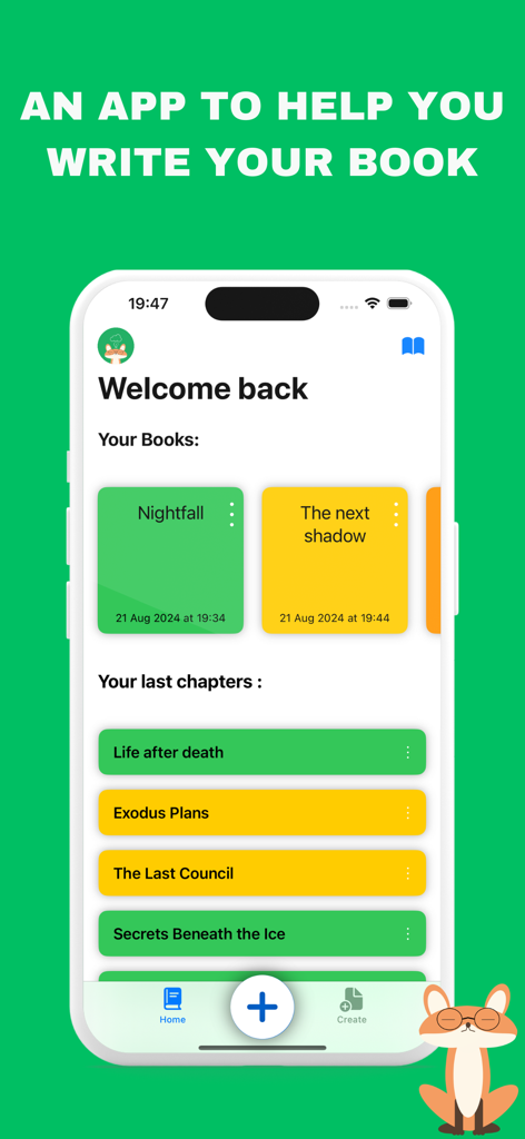 MrsWriter for writers - Home screen of MrsWriter app showing a list of books and recent chapters for creative writing