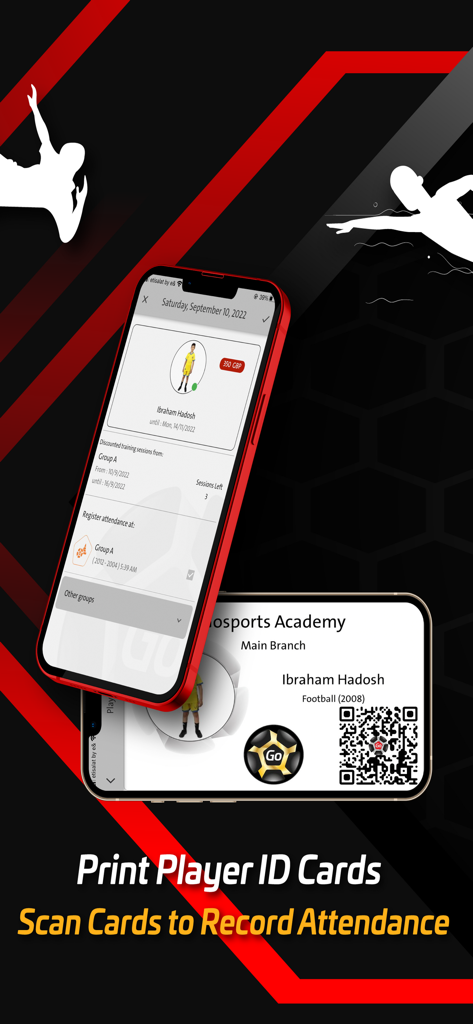 GoSports Network - Tarjeta de identificación digital de jugador con código QR e interfaz de seguimiento de asistencia en la aplicación GoSports Network.