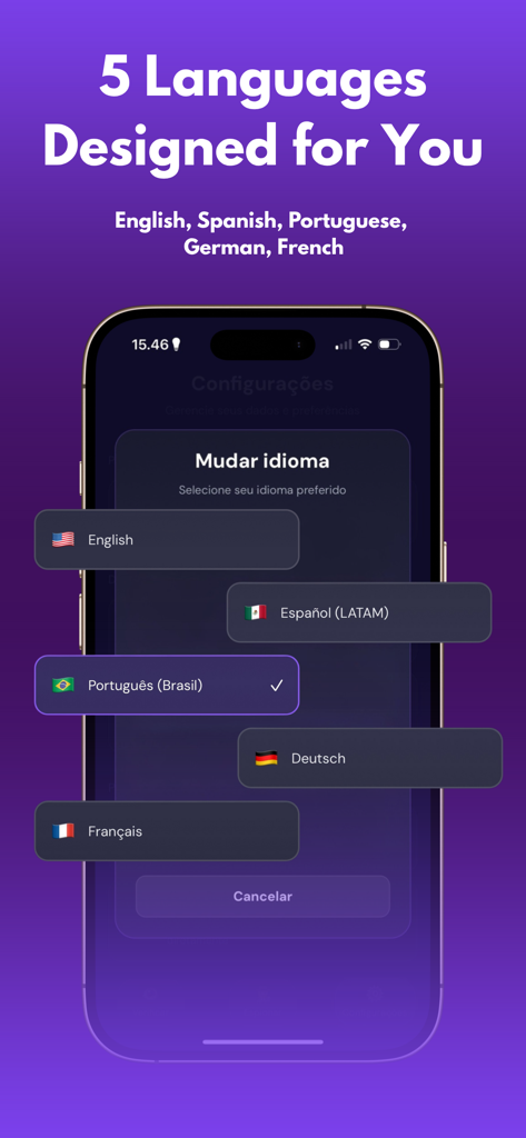 UnfollowCheck app interface showing five different language options including English Spanish Portuguese German and French