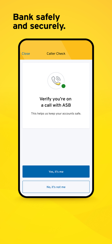 ASB Mobile Banking - ASB Mobile Banking app showing the Caller Check security verification screen