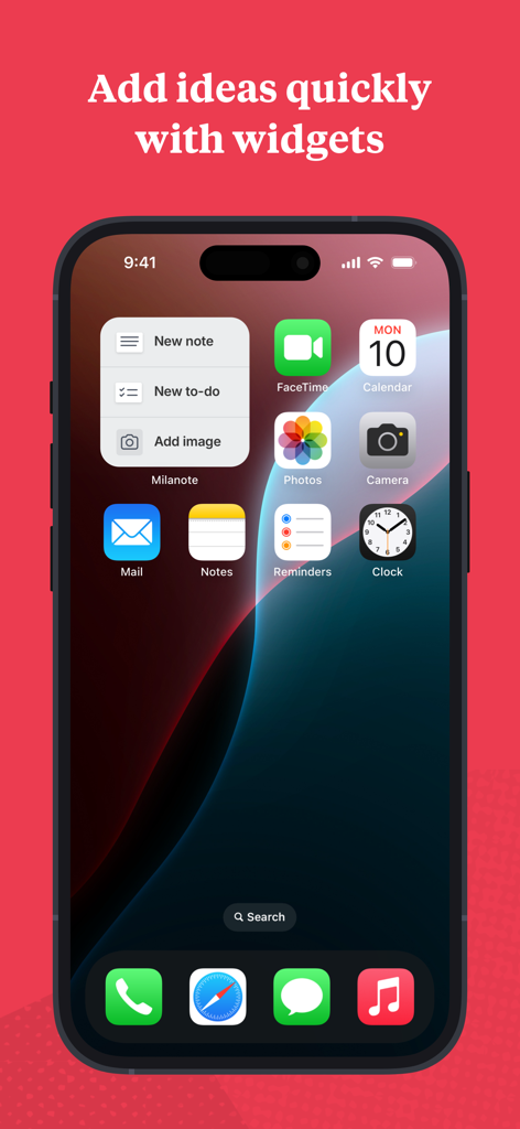 Milanote - Milanote widget on an iPhone home screen showing buttons to create a new note to-do or add an image
