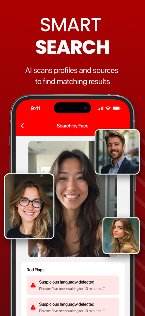 CheaterBuster - AI Checker - CheaterBuster App-Oberfläche zeigt KI-Gesichtserkennungssuchergebnisse und Warnmelderkennung
