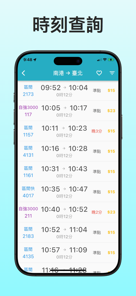 Mobile app interface displaying Taiwan railway train schedules from Nangang to Taipei including departure times and ticket prices.