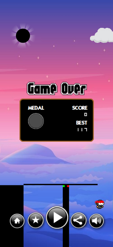 Stick Ninja - Game over screen of Stick Ninja mobile app showing player score and navigation icons