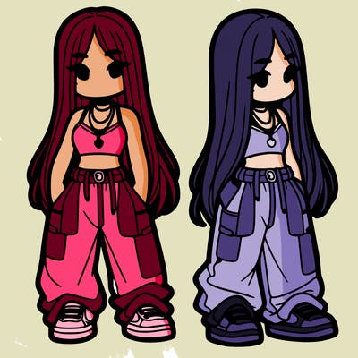 girl in baggy pants crop top and long hair