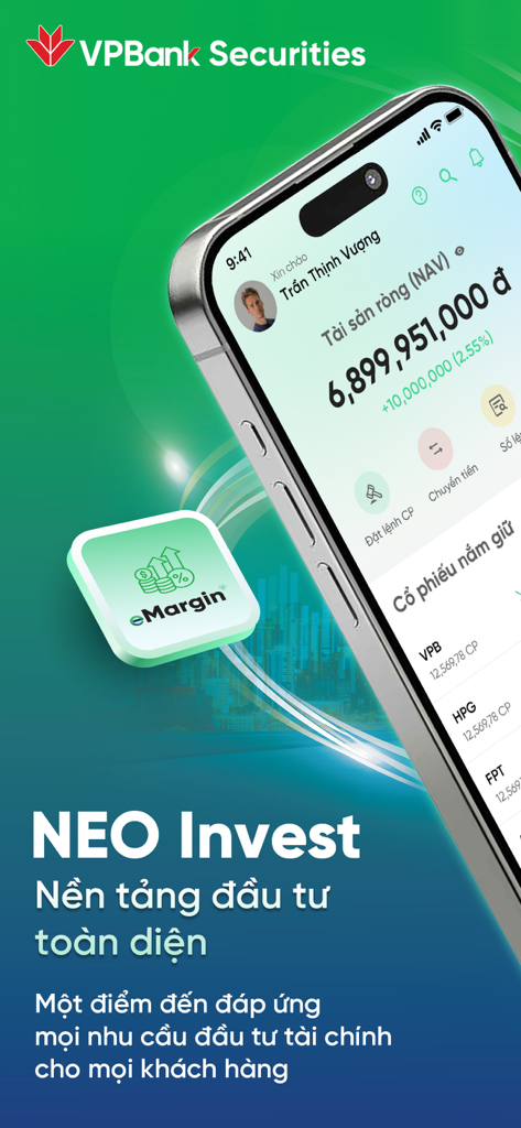 Smartphone screen showing the VPBank Securities NEO Invest app with a user portfolio dashboard and net asset value