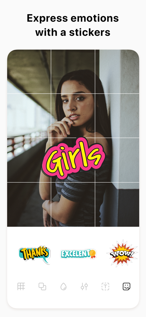 Pic Collage Post for Instagram - Instagram grid photo editor interface with stickers and a portrait of a woman