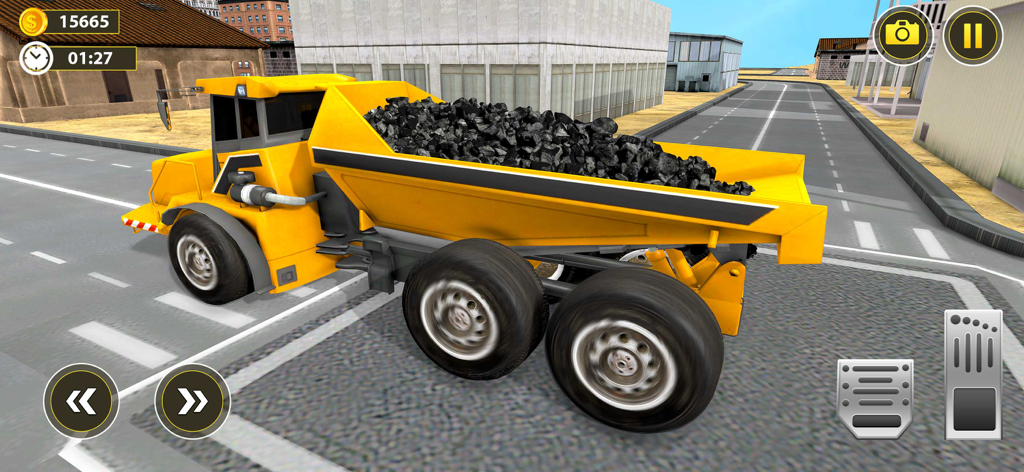 Heavy Excavator Dump Truck 3D - Um caminhão basculante pesado amarelo carregando carvão em uma rua da cidade em um jogo de simulação 3D.