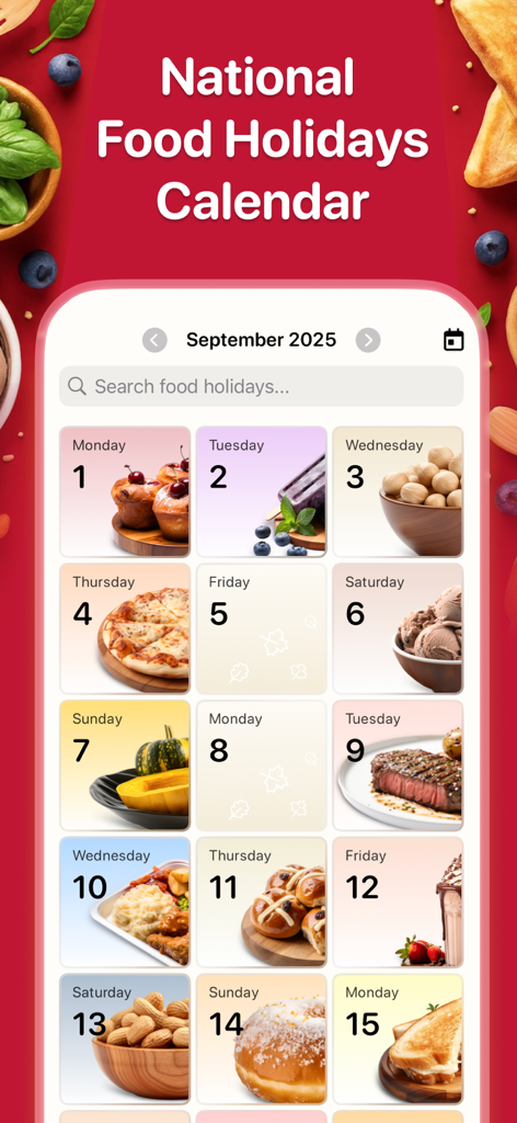 Food Holidays Calendar - Uma interface de aplicativo móvel exibindo um calendário para setembro com fotos coloridas de comida para cada feriado nacional de comida