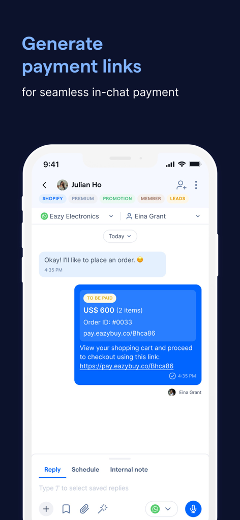 Mobile interface of the SleekFlow app showing a payment link for six hundred dollars sent directly within a customer chat conversation.