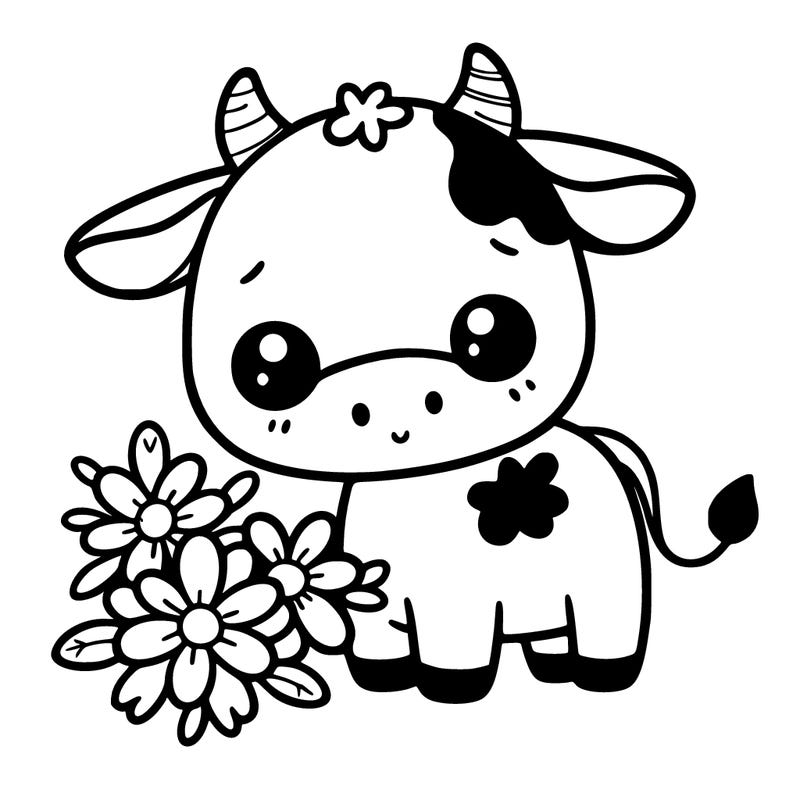 a smaller cute cow wich a flowers
