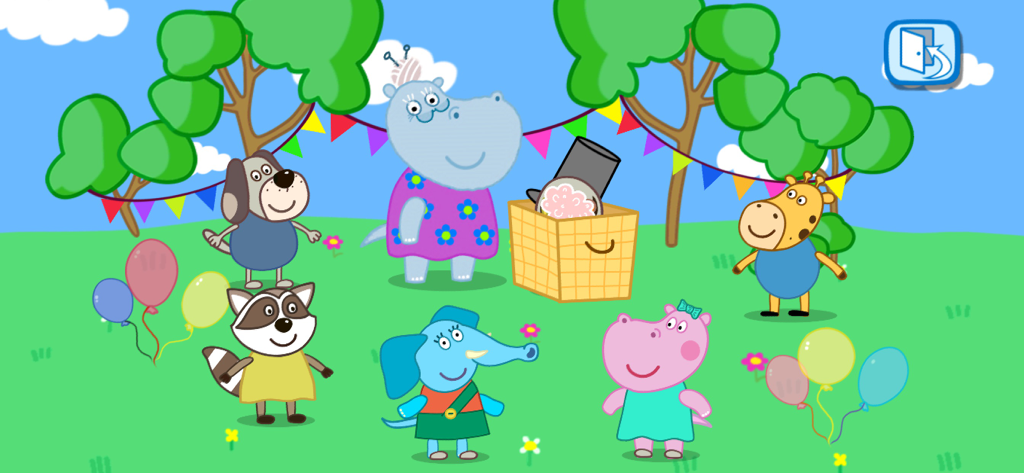 Cartoon-Tiere feiern einen Geburtstag im Freien mit Ballons und festlichen Dekorationen