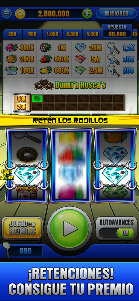 FBI Academy - Tragaperras Bar - FBI Academy Tragaperras Bar mobile game interface showing three slot machine reels with police icons and hold mechanics.